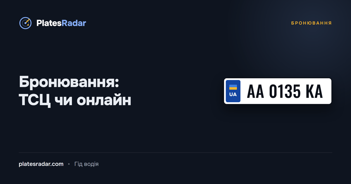 Обкладинка PlatesRadar із заголовком «Бронювання: ТСЦ чи онлайн» і зразком номерного знака AA 0135 KA
