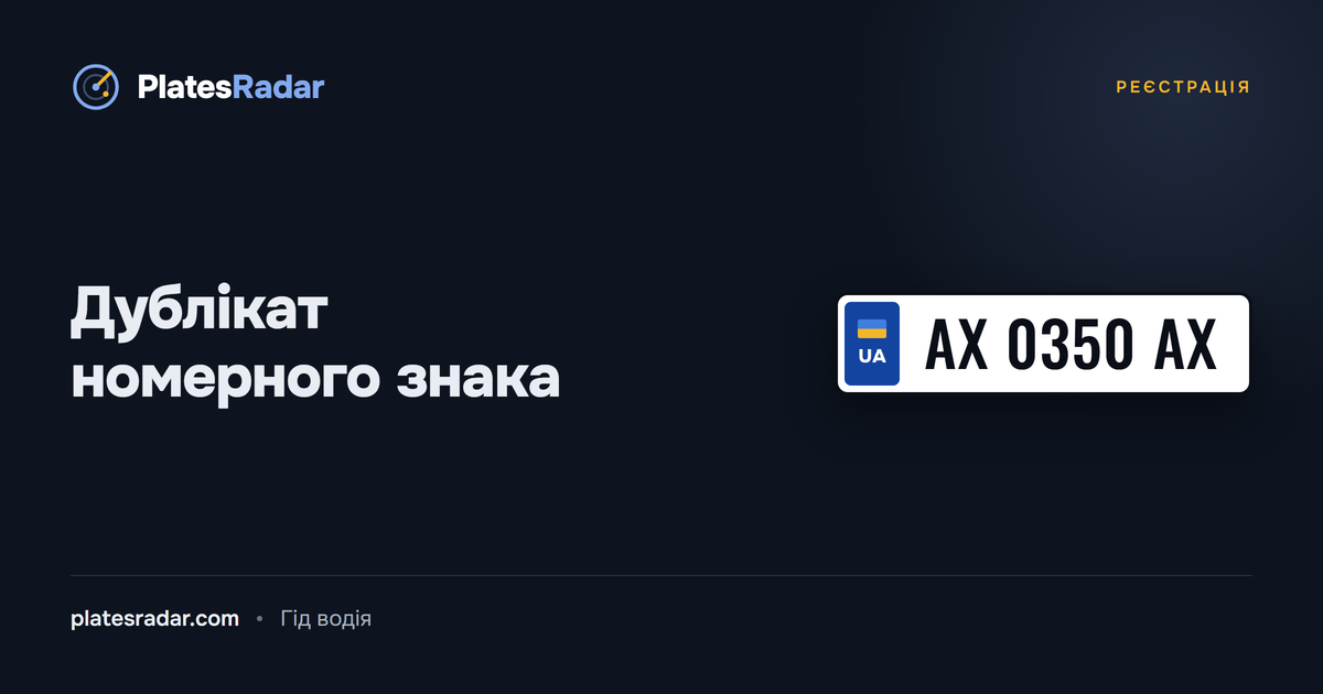 Обкладинка PlatesRadar із заголовком «Дублікат номерного знака» і зразком номерного знака AX 0350 AX