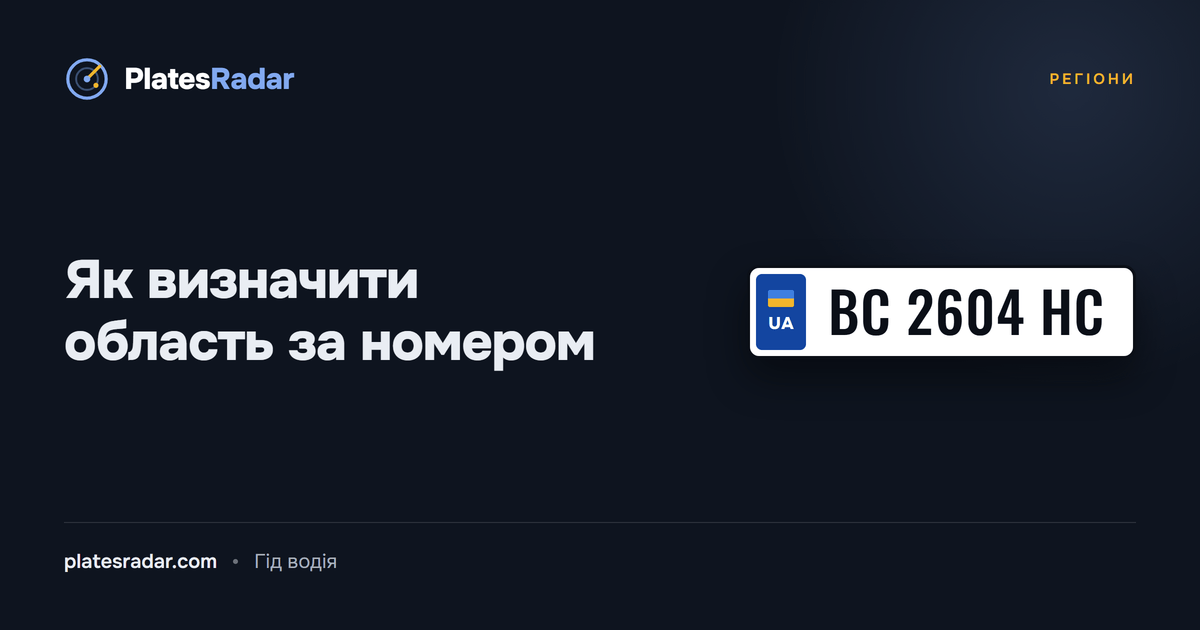 Обкладинка PlatesRadar із заголовком «Як визначити область за номером» і зразком номерного знака BC 2604 HC