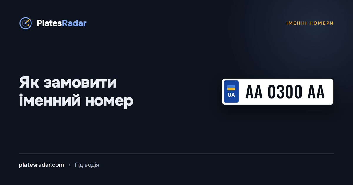 Обкладинка PlatesRadar із заголовком «Як замовити іменний номер» і зразком номерного знака AA 0300 AA