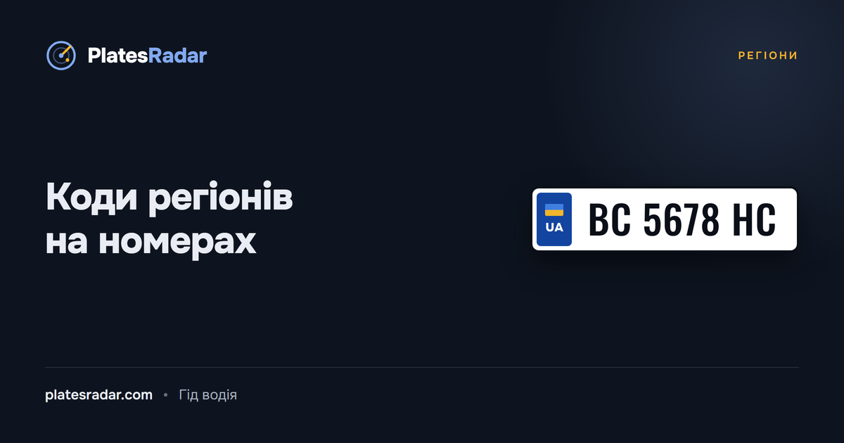Обкладинка PlatesRadar із заголовком «Коди регіонів на номерах» і зразком номерного знака BC 5678 HC