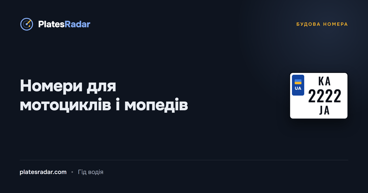 Обкладинка PlatesRadar із заголовком «Номери для мотоциклів і мопедів» і зразком мотоциклетного номерного знака KA 2222 JA