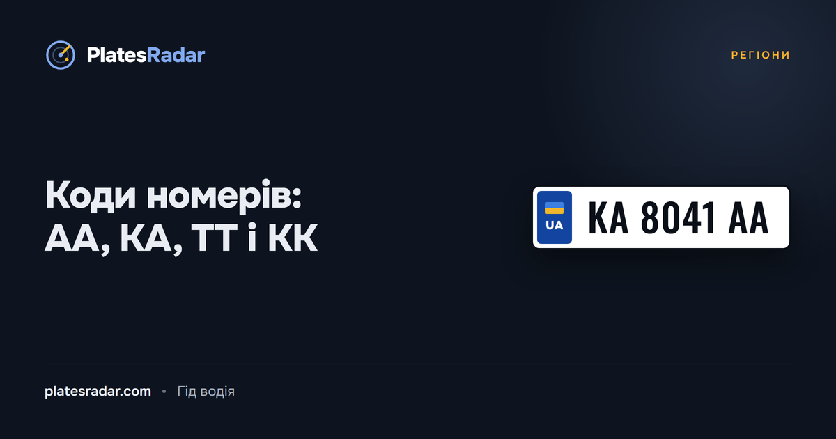 Обкладинка PlatesRadar із заголовком «Коди номерів: AA, KA, TT і KK» і зразком номерного знака KA 8041 AA